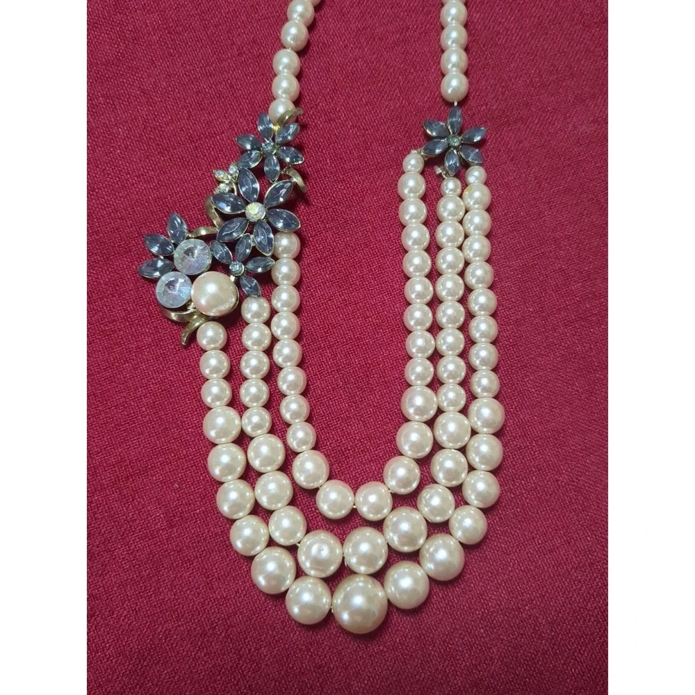 Vintage Faux Pearl And Rhinestone 3‎ Strand Necklace
